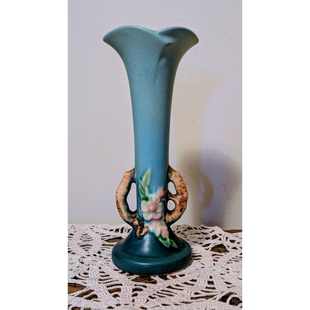 Vintage Roseville Pottery Apple Blossom Soft Teal Green Trumpet Vase Shape 379-7